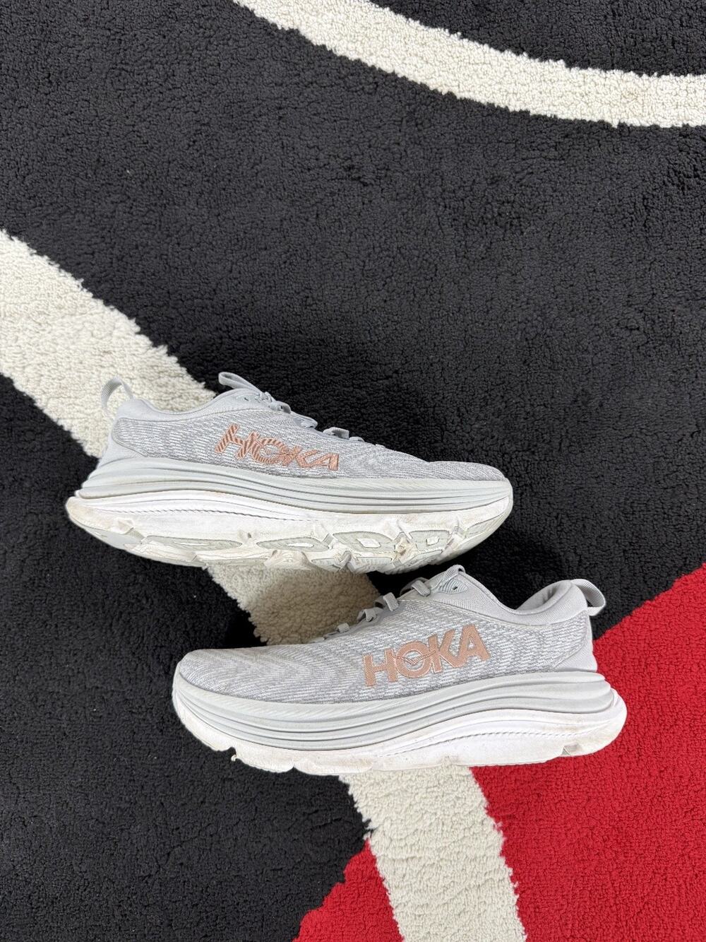 Hoka Gaviota 5 Womens 9D Running Shoes Gray White Rose Gold Lace Up Athletic